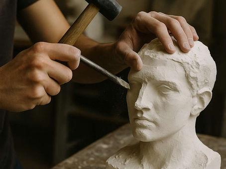 Main sculptant un visage en plâtre dans un atelier d’artiste.
