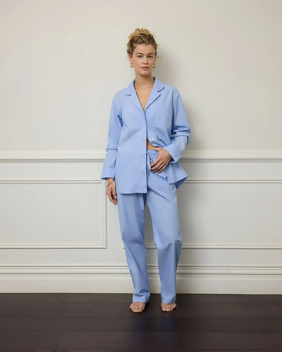 Women's Long Pyjama Set - Fil-à-Fil 100% Cotton - Pale Blue - XS-XL - $199