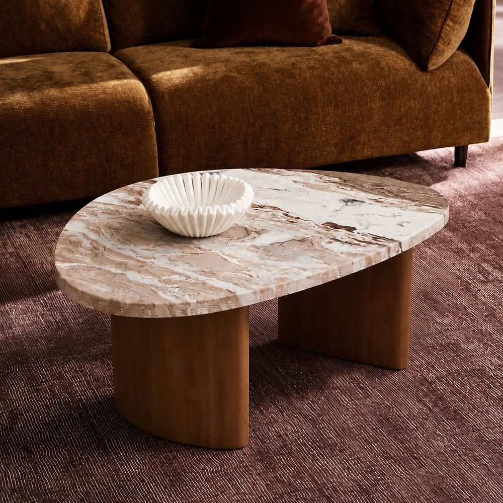Ahern Coffee Table - River Brown Marble/Walnut - 95cmWx55cmDx32.5cmH - $2690