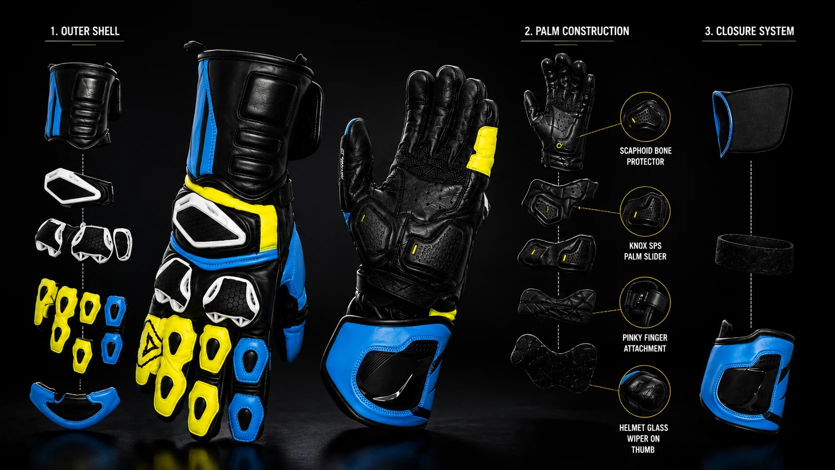 Viper 2.0 exploded construction view — outer shell, palm construction, and closure system