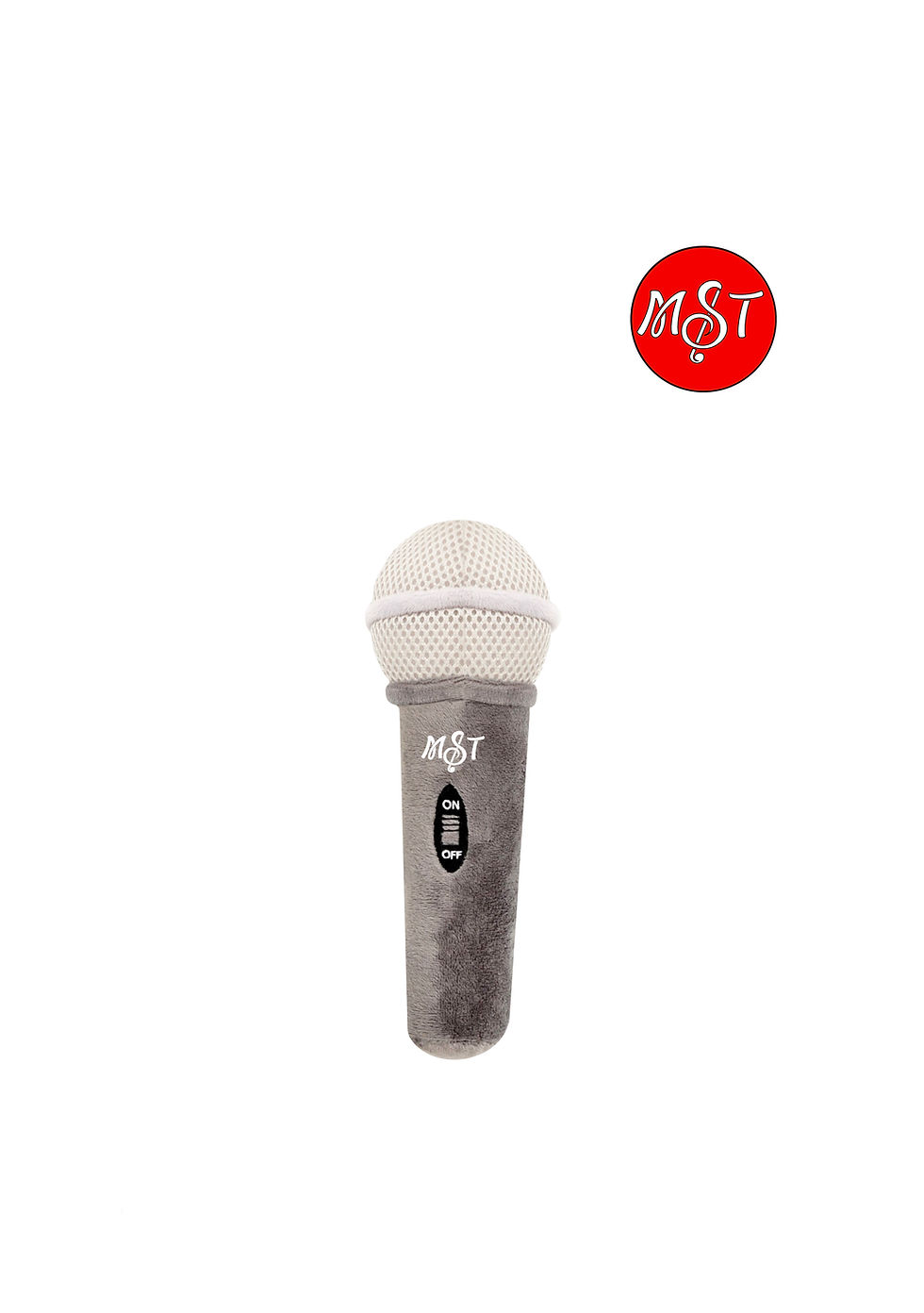 Thumbnail: Grey and black plush microphone toy with realistic stitching, perfect for pretend play
