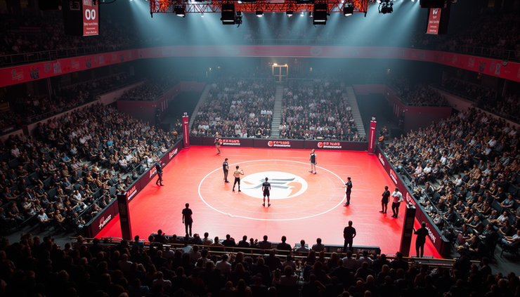 Vista aérea de um grande torneio de artes marciais em arena moderna