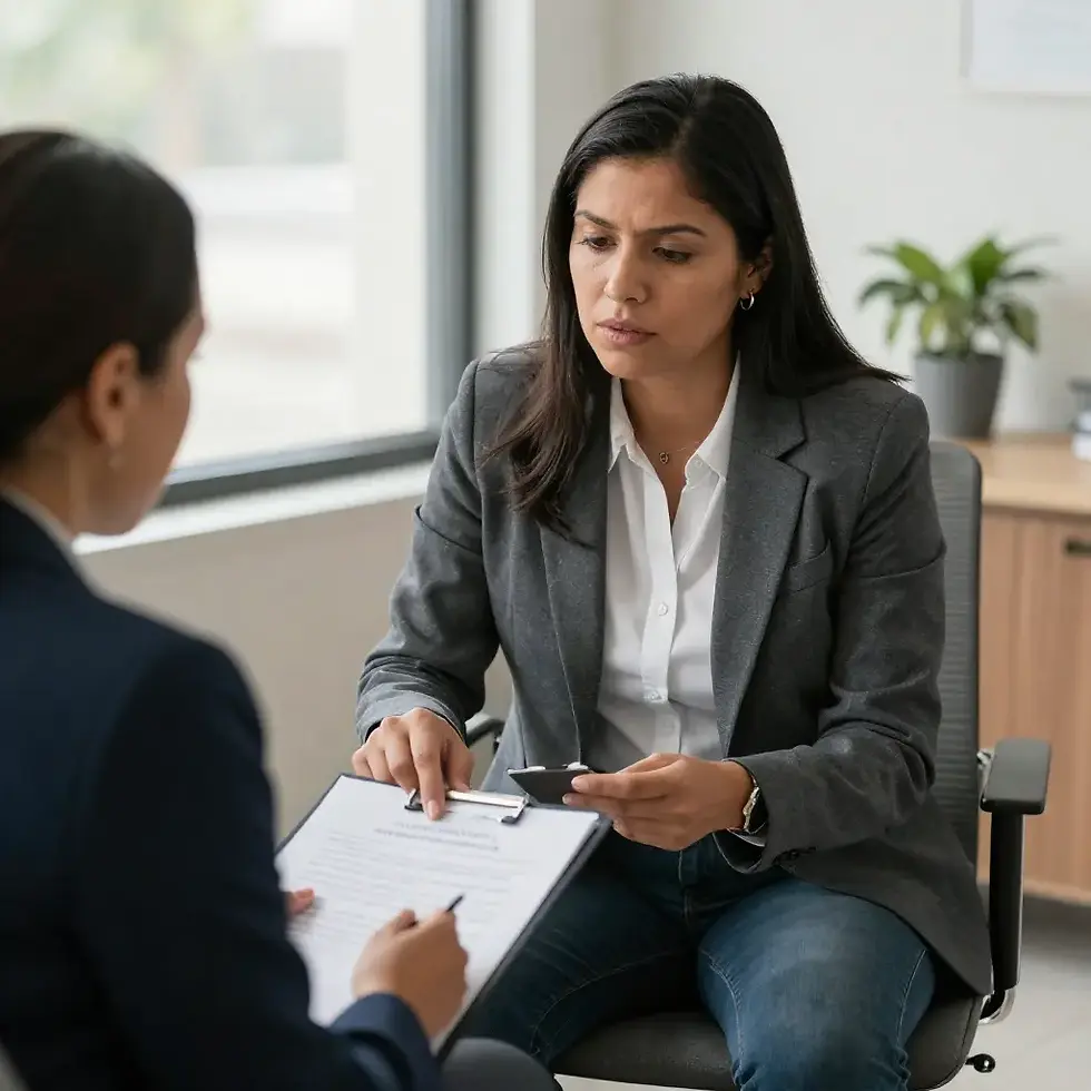 hispanic immigrant client meeting with a trustworthy immigration attorney, reviewing immigration case documents