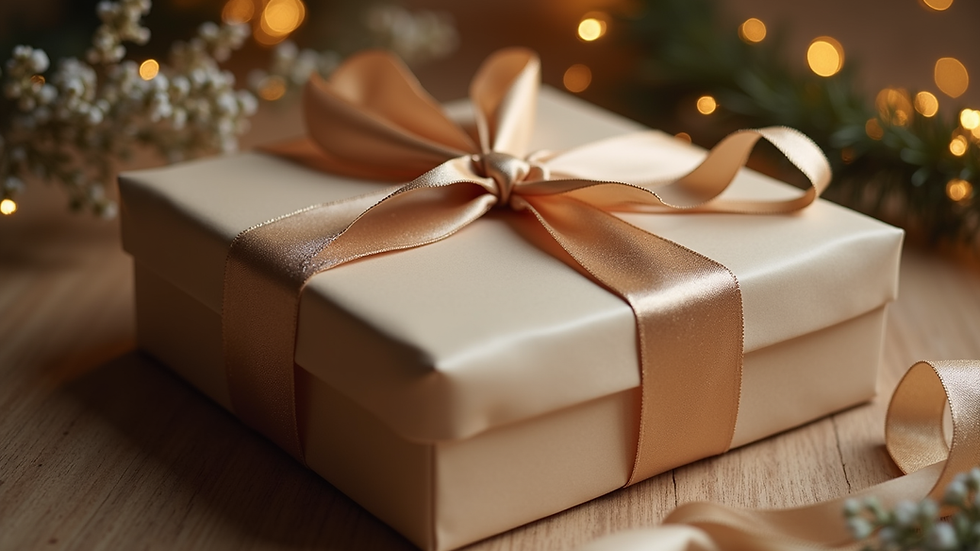 Close-up view of a beautifully wrapped personalized gift box