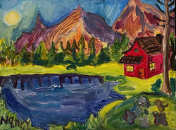 Mountain trees house lake