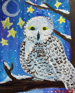 Snowy Owl with Stars and Moon