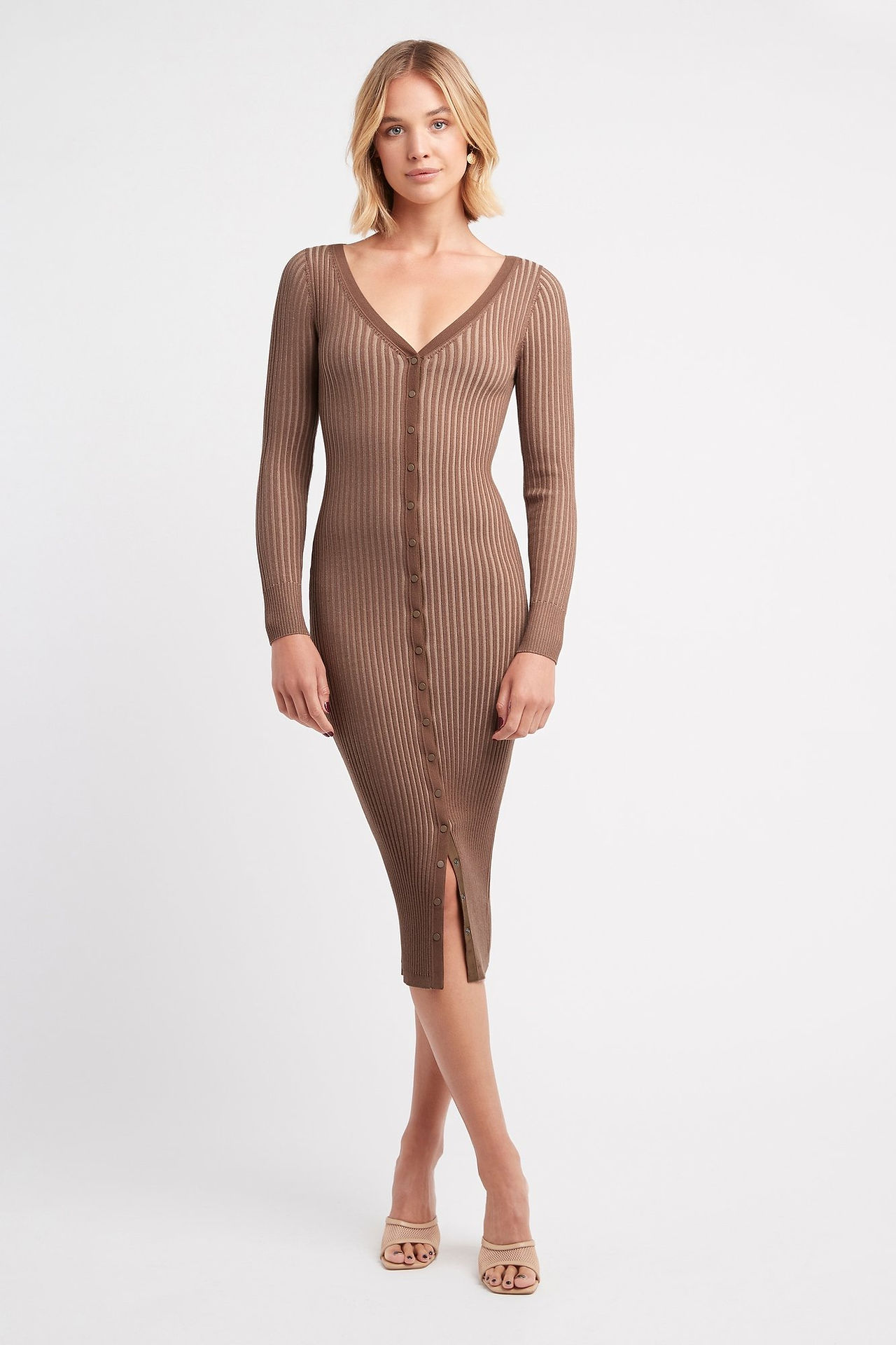 Ribbed Button Midi Dress cardi Kookai Sadie brown caramel tab knit long sleeve work party comfy casual long cardigan coat winter autumn fall 2021 fashion colour trends leopard print Bella leopardo