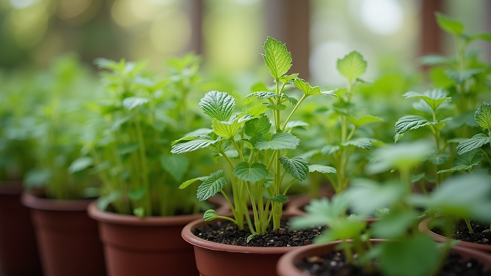 Close-up view of a variety of herbal plants in pots