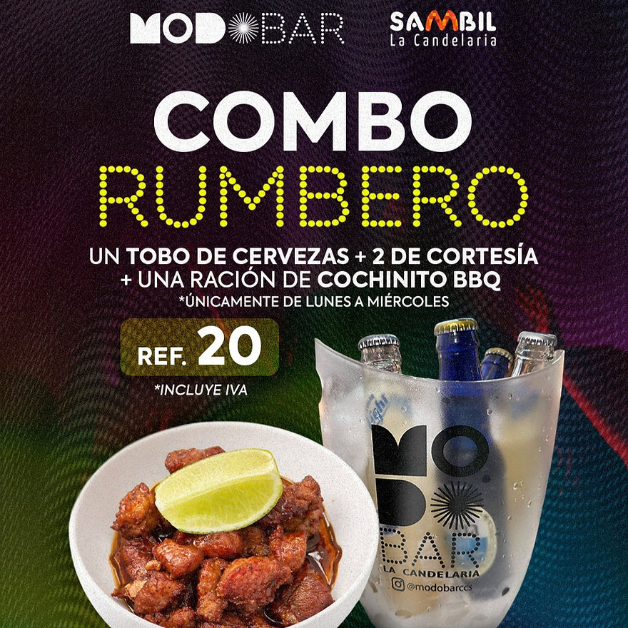 Combo Rumbero
Un tobo de cervezas + 2 de cortesía + Una ración de cochinito BBQ
Unicamente de lunes a miércoles