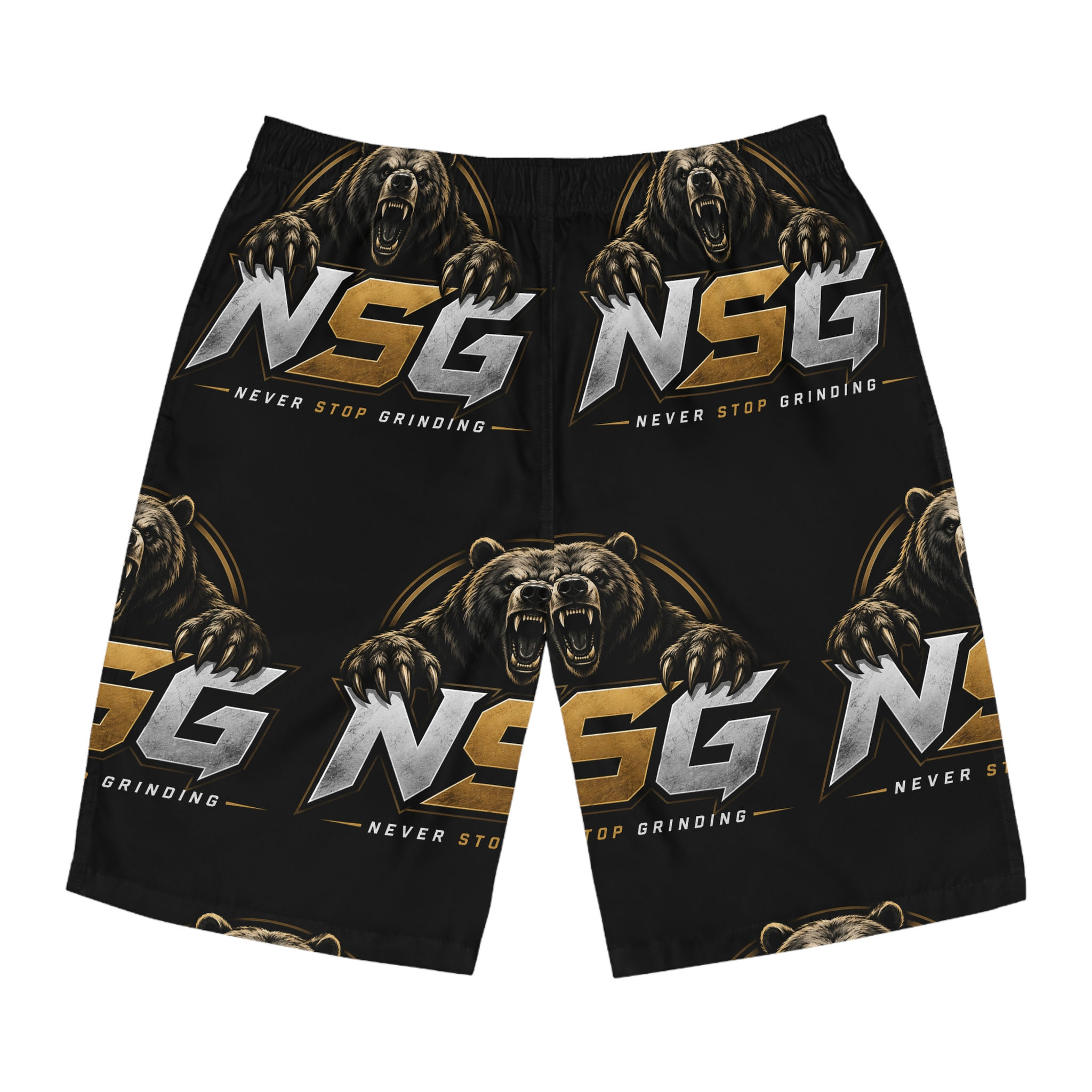 NSG 'Never Stop Grinding' Bear Board Shorts — Men's Athletic Swim Trunks