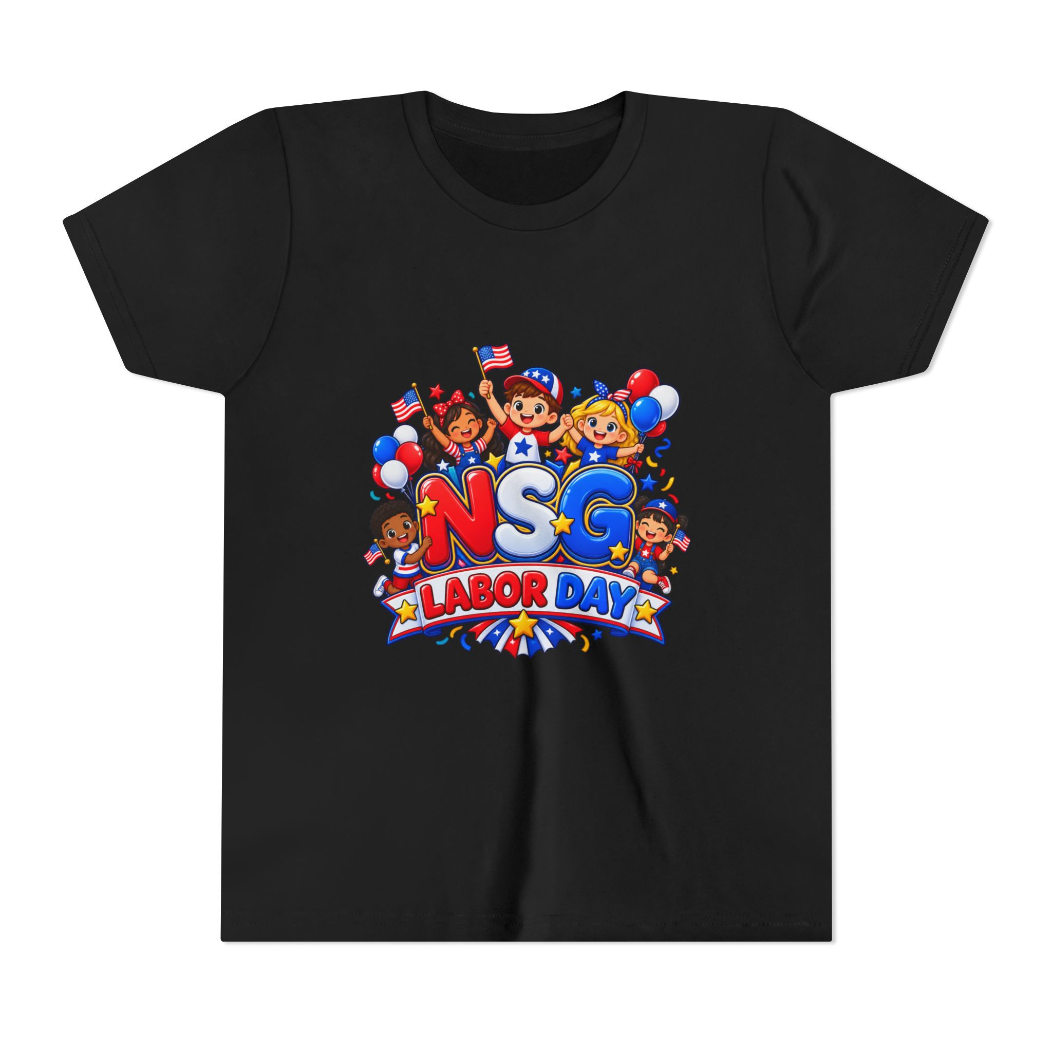 Youth Tee - "NSG Labor Day" Patriotic Kids Shirt (Red White Blue, American Flag)