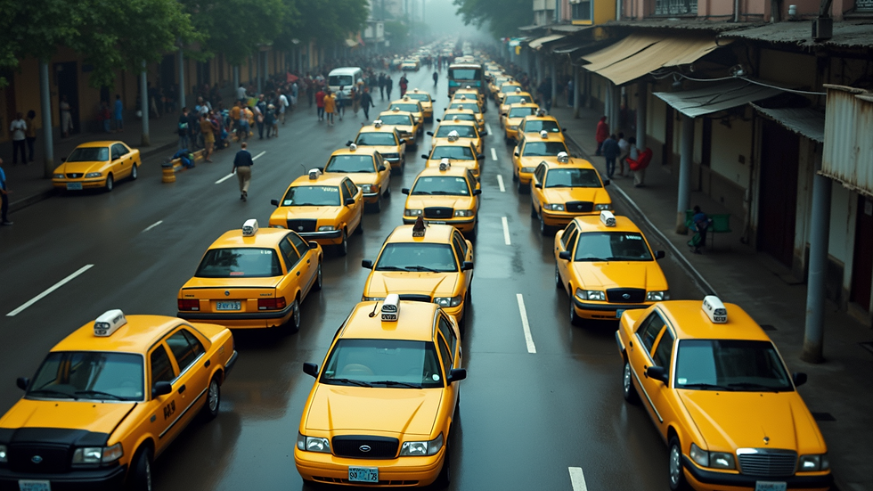 High angle view of a taxi rank with several local taxis lined up