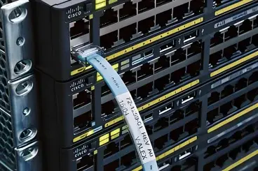 Wide angle view of a network switch with blinking lights