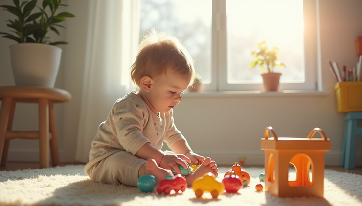 Eye-level view of a child playing with educational toys at home