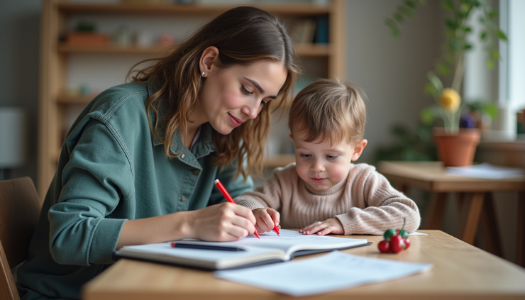 Close-up view of a special educator working with a child using learning tools