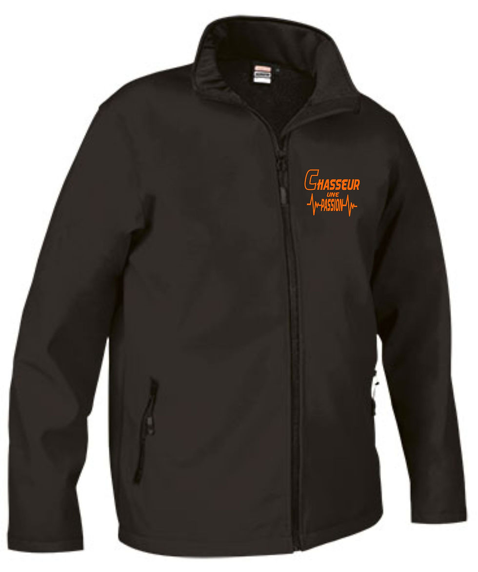 Miniature : VESTE SOFTSHELL HORIZON NOIR. Motif Chasseur une passion
