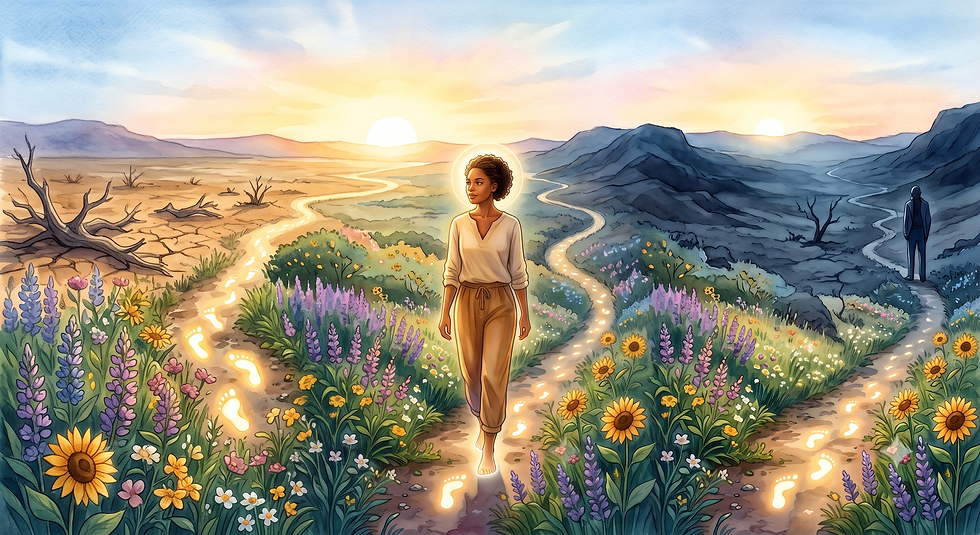 An illustrative watercolor painting of a woman with short, curly dark hair wearing a cream shirt and light tan pants. She stands barefoot on a single path in the center of a symmetrical landscape, bordered by fields of purple flowers and sunflowers. Her gaze is fixed forward. A faint, glowing halo encircles her head, and her bare feet leave glowing golden footprints on the trail behind her.
On the left side, the winding path originates from a barren, arid landscape of cracked earth, dry mountains, and dead trees, stretching toward a distant, setting sun.
On the right side, the path originates from a shadowy, blue-tinted landscape of dark mountains and withered trees, where a figure of a man in a business suit stands with his back to the viewer, under a matching dark, setting sun. The single sun at the center horizon is bright, suggesting the paths merge toward a central, hopeful destination. The sky transitions from a warm golden-peach color to a cool, light blue.