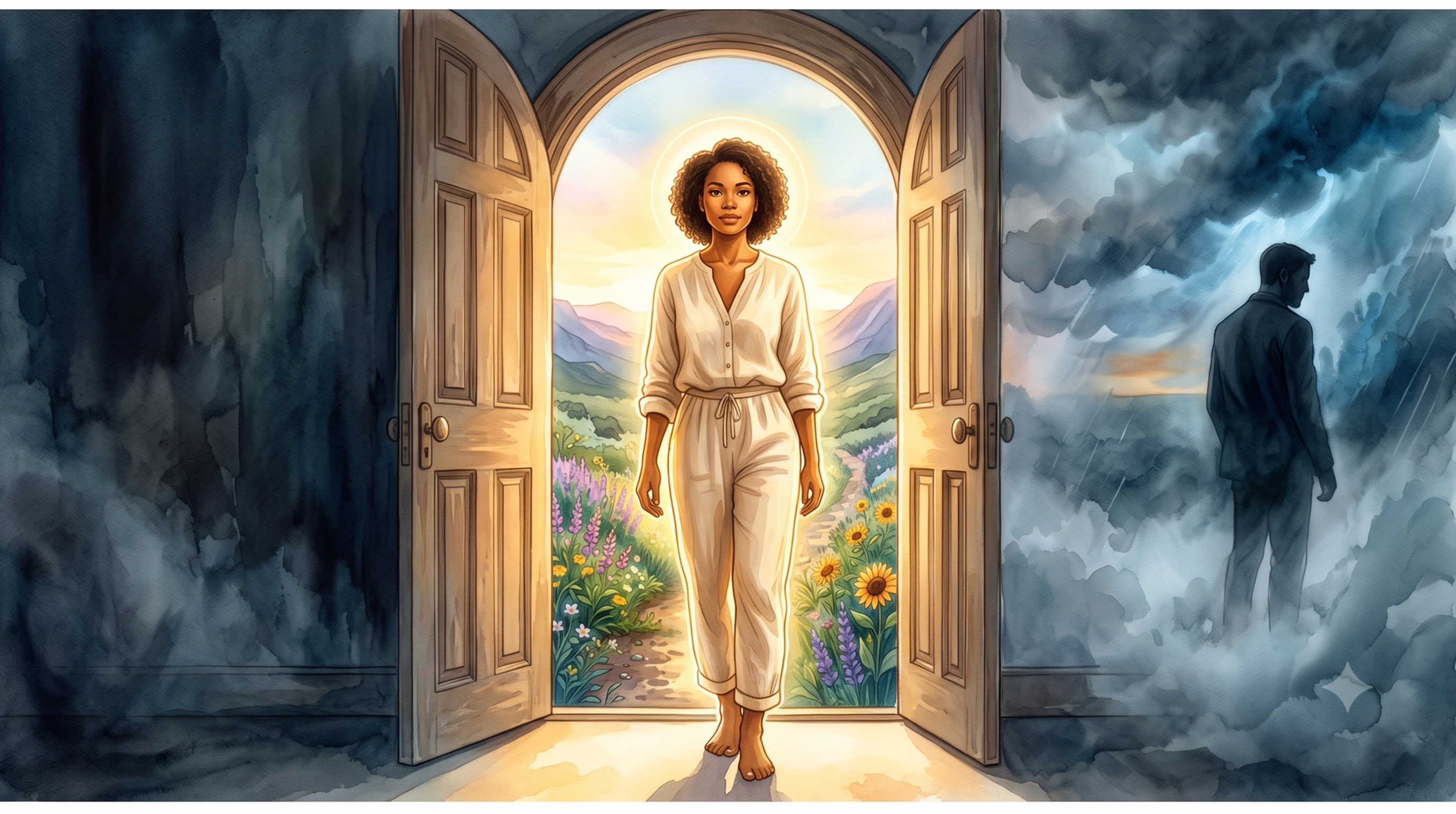 A watercolor-style illustration of a woman in simple clothes and a glowing halo, standing at a crossroads. Behind her on the left is a path through a desert with dead trees, and on the right is a path through dark mountains with a shadowy male figure in the distance. Both paths merge into a central trail bordered by fields of wildflowers under a two-sun sunrise.