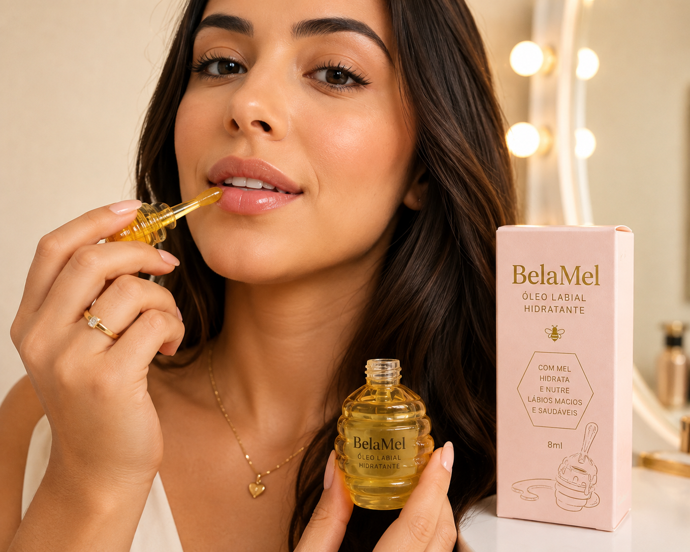 Mulher usando o óleo labial BelaMel no dia a dia