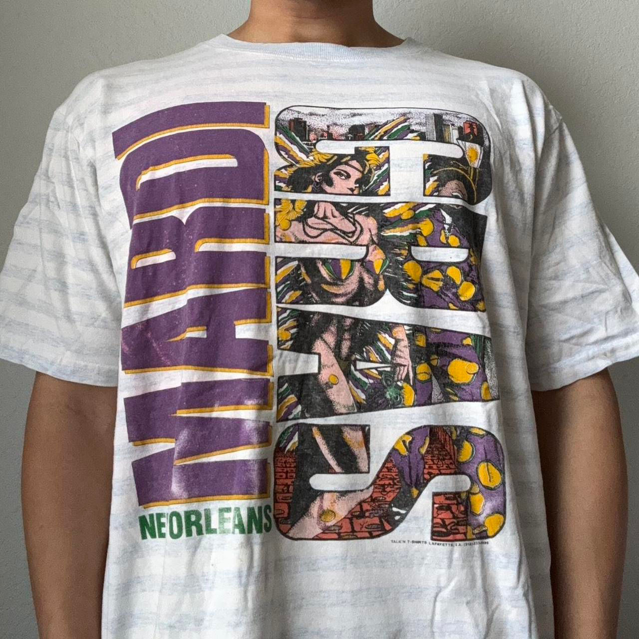 Vintage 1990s Mardi Gras Festival Graphics Light Blue Tee Shirt