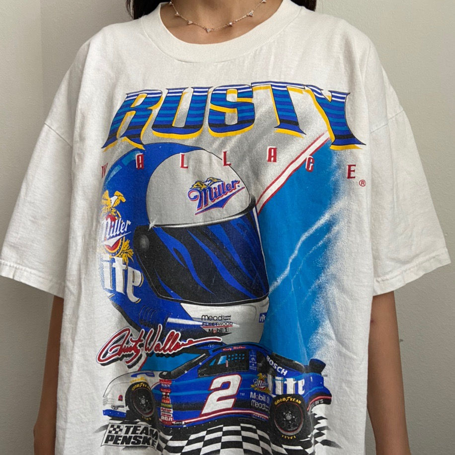 Vintage Rusty Wallace Nascar Graphics White Tee Shirt
