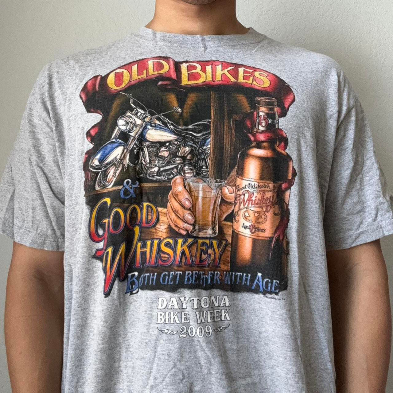 Vintage 2000s Old Bikes Good Whiskey Motorcycle Graphics Grey Tee Shirt
