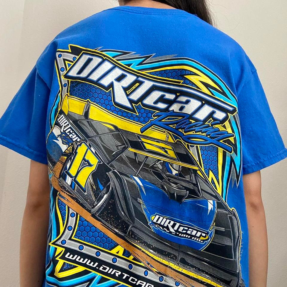 Vintage Dirt Car Racing Graphics Blue Tee Shirt