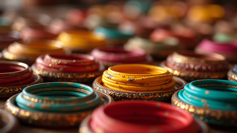 Close-up view of colorful bangles arranged in a traditional manner