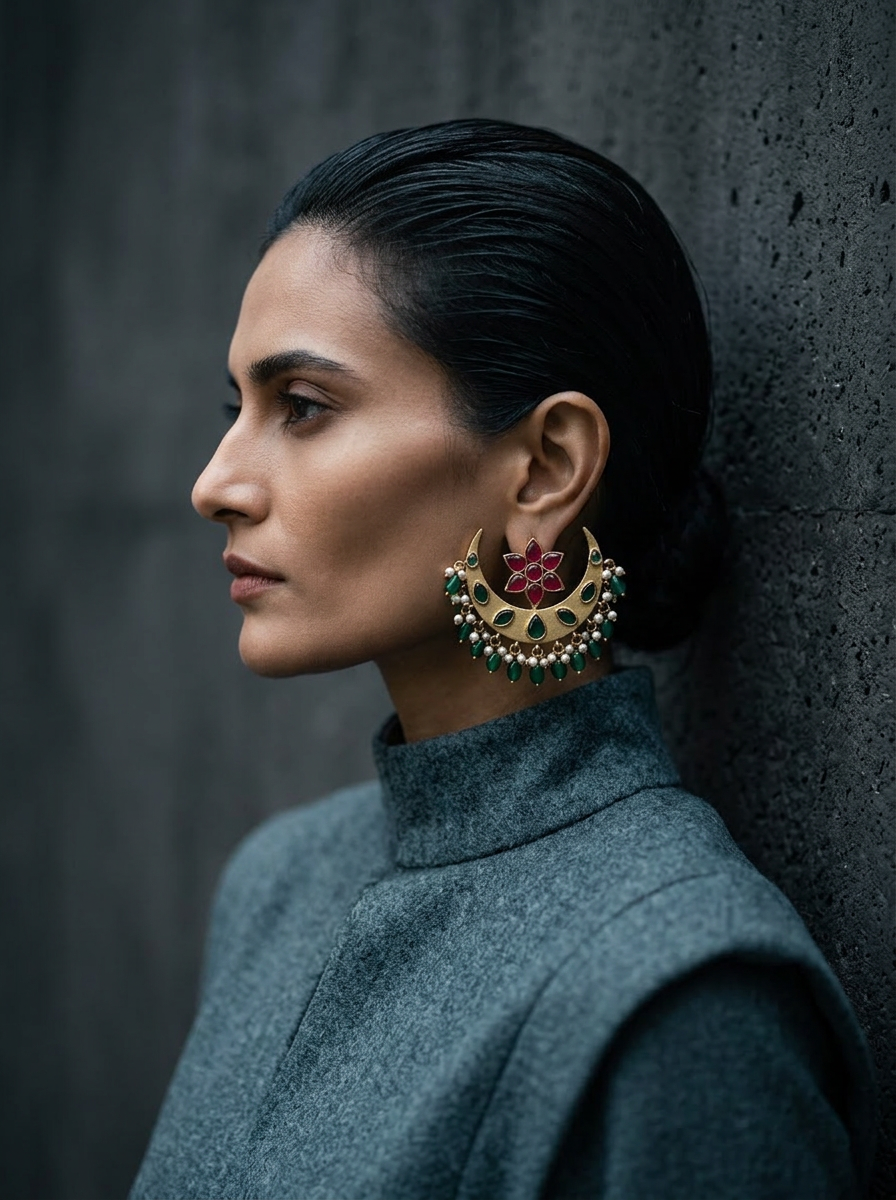 Thumbnail: Roohani Chandbali Earrings Side view | Nury Nury
