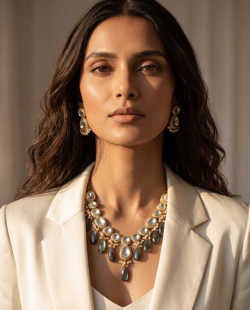 Thumbnail: Model wearing the Forest Grace gold-plated necklace and earring set with pear-shaped green stones by Nury Nury.