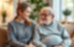 A caregiver sitting beside a senior in a bright living room, sharing a warm conversation as part of in-home senior care companionship.