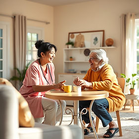Ultra-wide banner of a sunlit living room. A caregiver and senior share a warm laugh at a