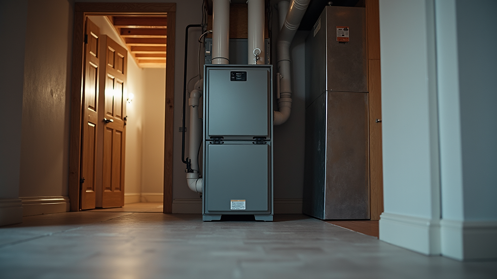 Eye-level view of a modern furnace installed in a residential basement