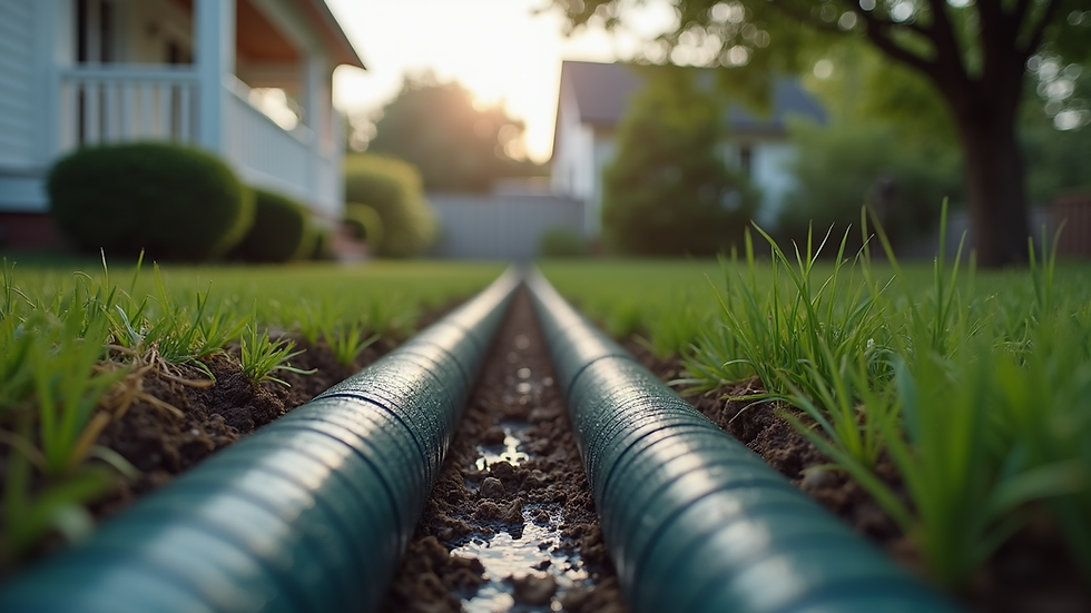 Eye-level view of a sump pump discharge pipe running outside a house