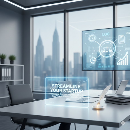 Modern office with city view, digital screen shows business data; text reads "STREAMLINE YOUR STARTUP."