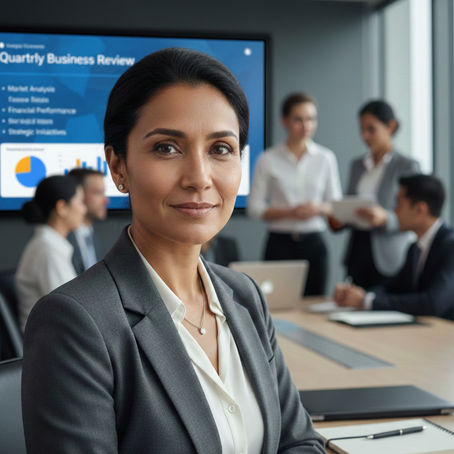 Businesswoman in a suit stands confidently in a conference room. A screen displays "Quarterly Business Review" with charts. Colleagues in the background are talking..