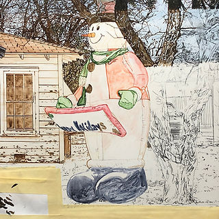 Work in Progress of Rod Penner's painting, Christmas Inflatables (detail)