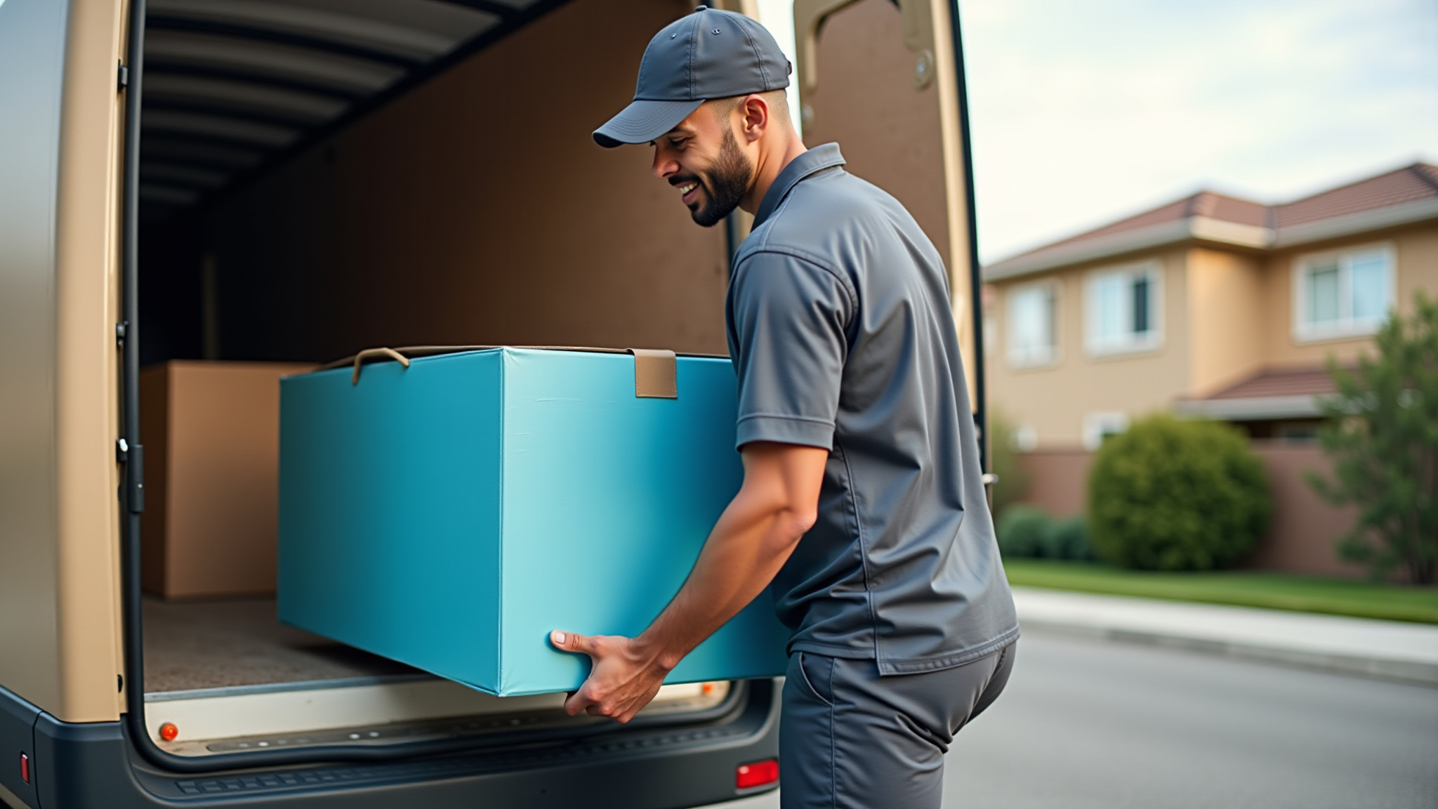 Worker from a moving company unloading boxes from a truck