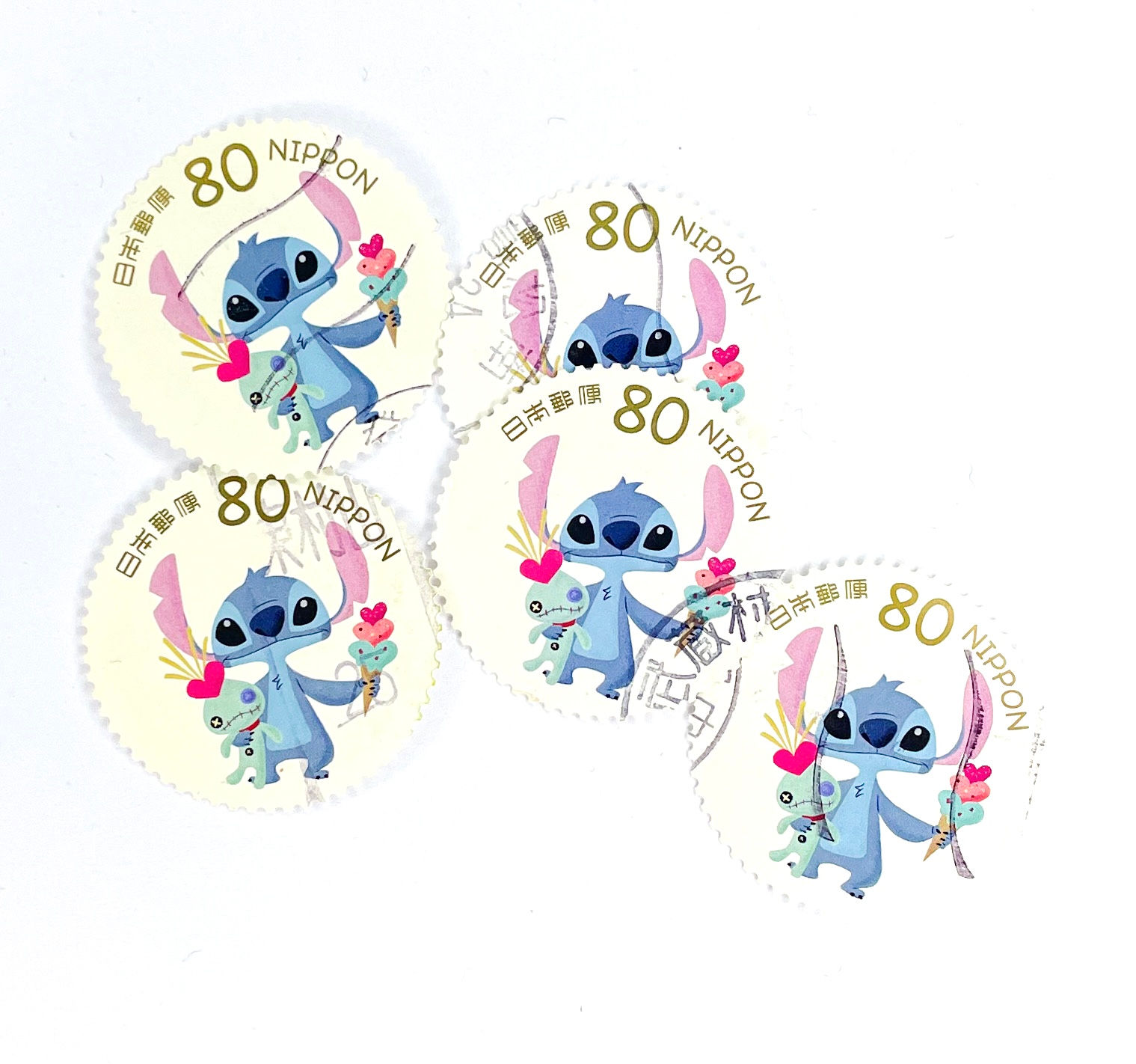 5 x Lilo & Stitch used, Japanese postage stamps all off paper - Japan
