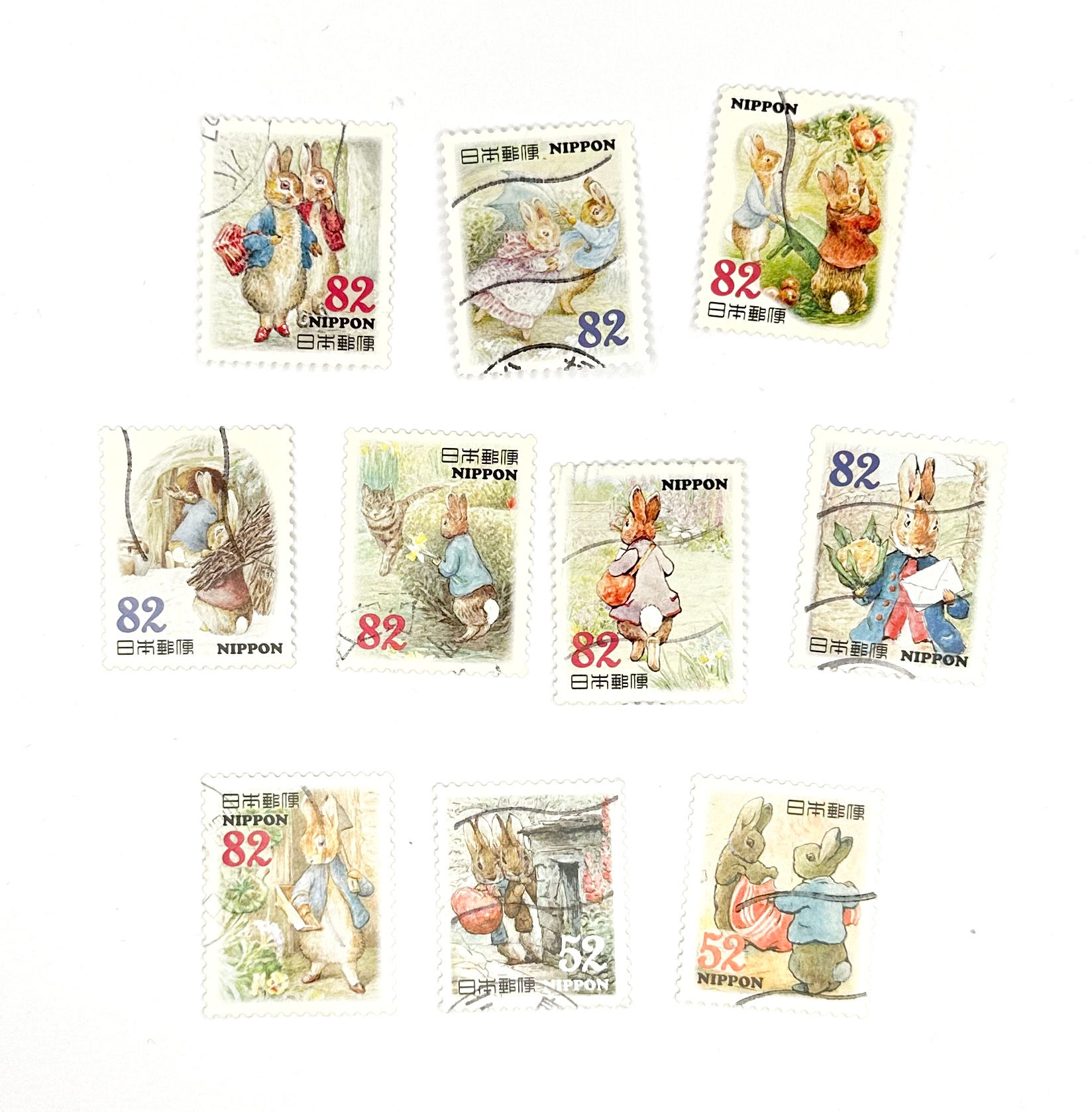 10 x Beatrix Potter used, Japanese postage stamps all off paper