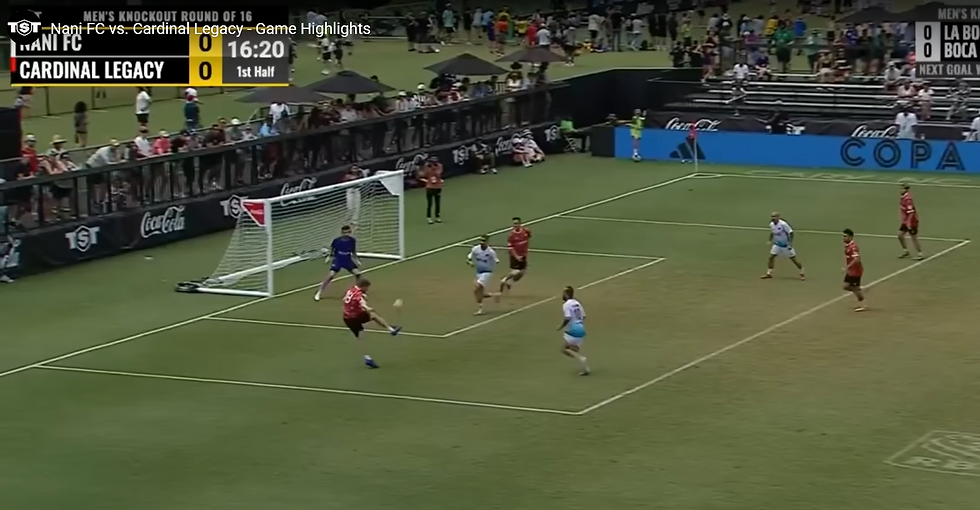 Finding space to volley home the opening goal in a TST playoff game