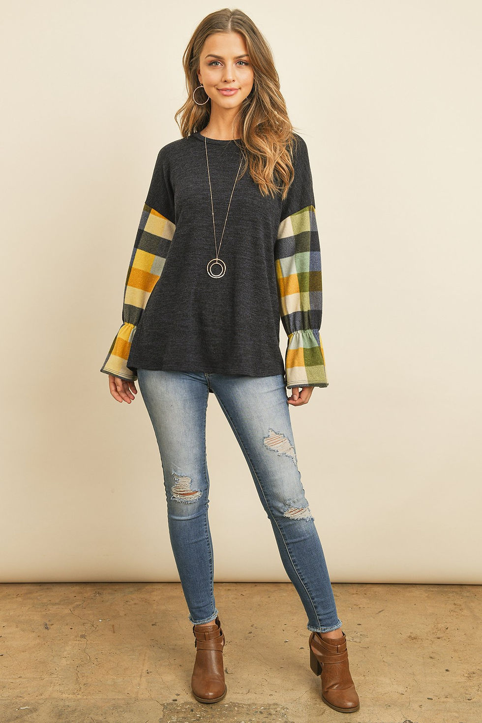 Thumbnail: Plaid Bell Sleeves Mier Sweater