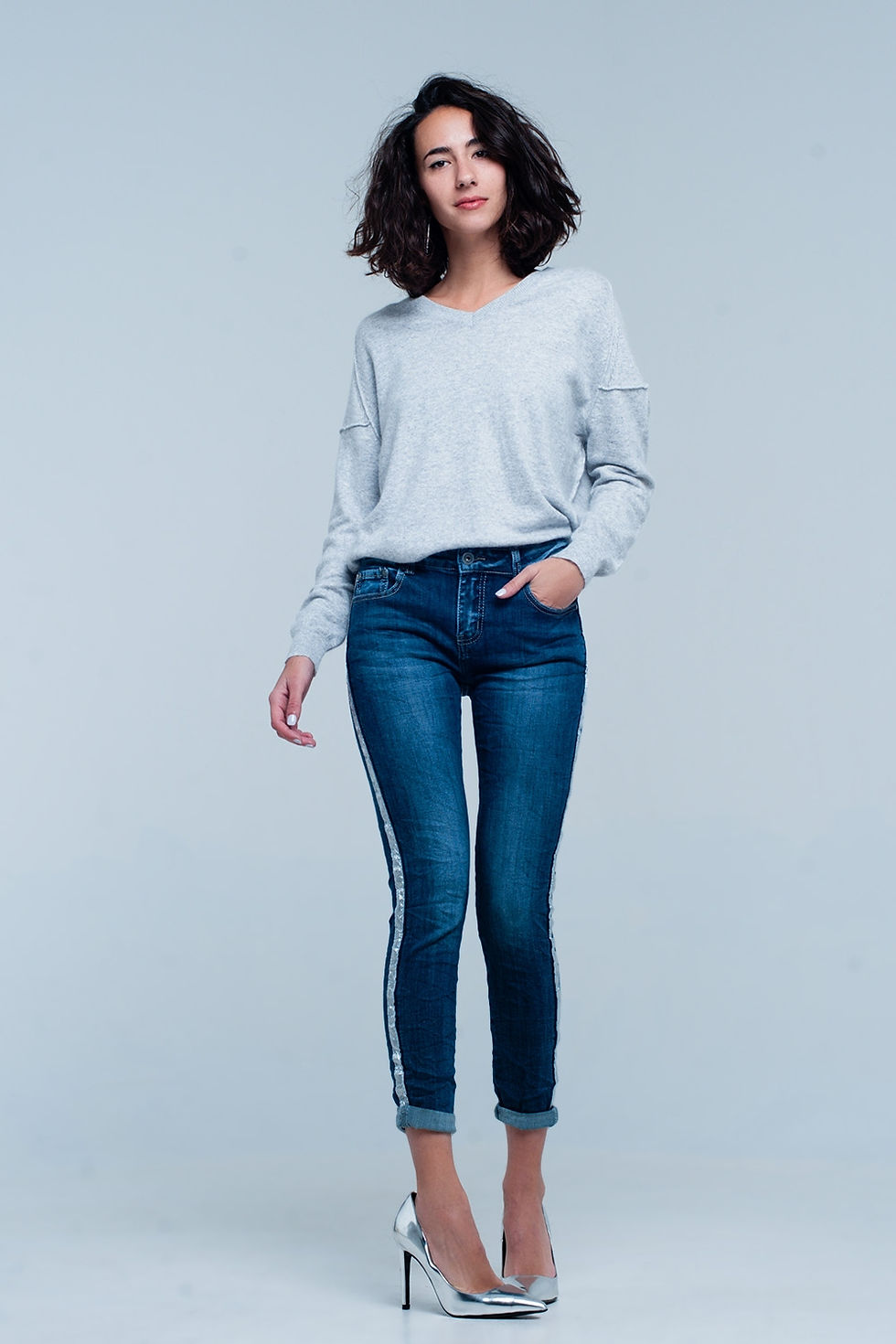 Thumbnail: Dark Wash Jeans With Silver Shiny Side Stripe