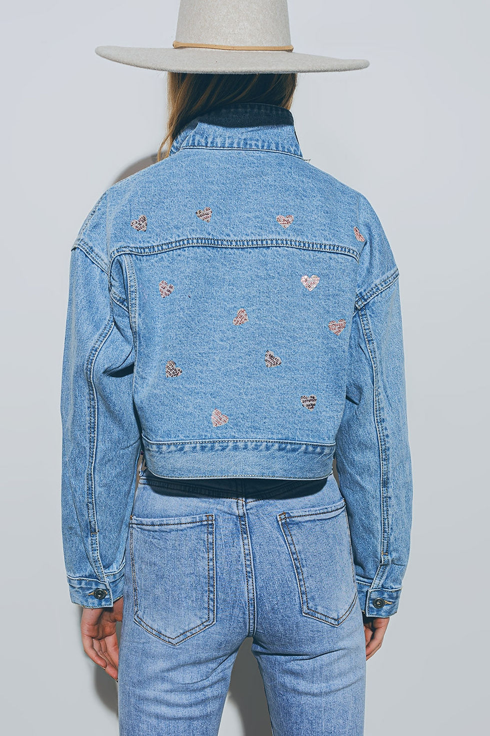 Thumbnail: Cropped Denim Jacket With Embellished Hearts in Mid Wash
