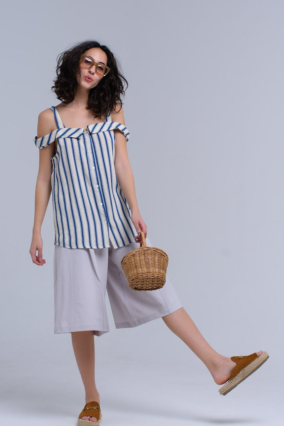 Thumbnail: Cream Top With Blue Stripes