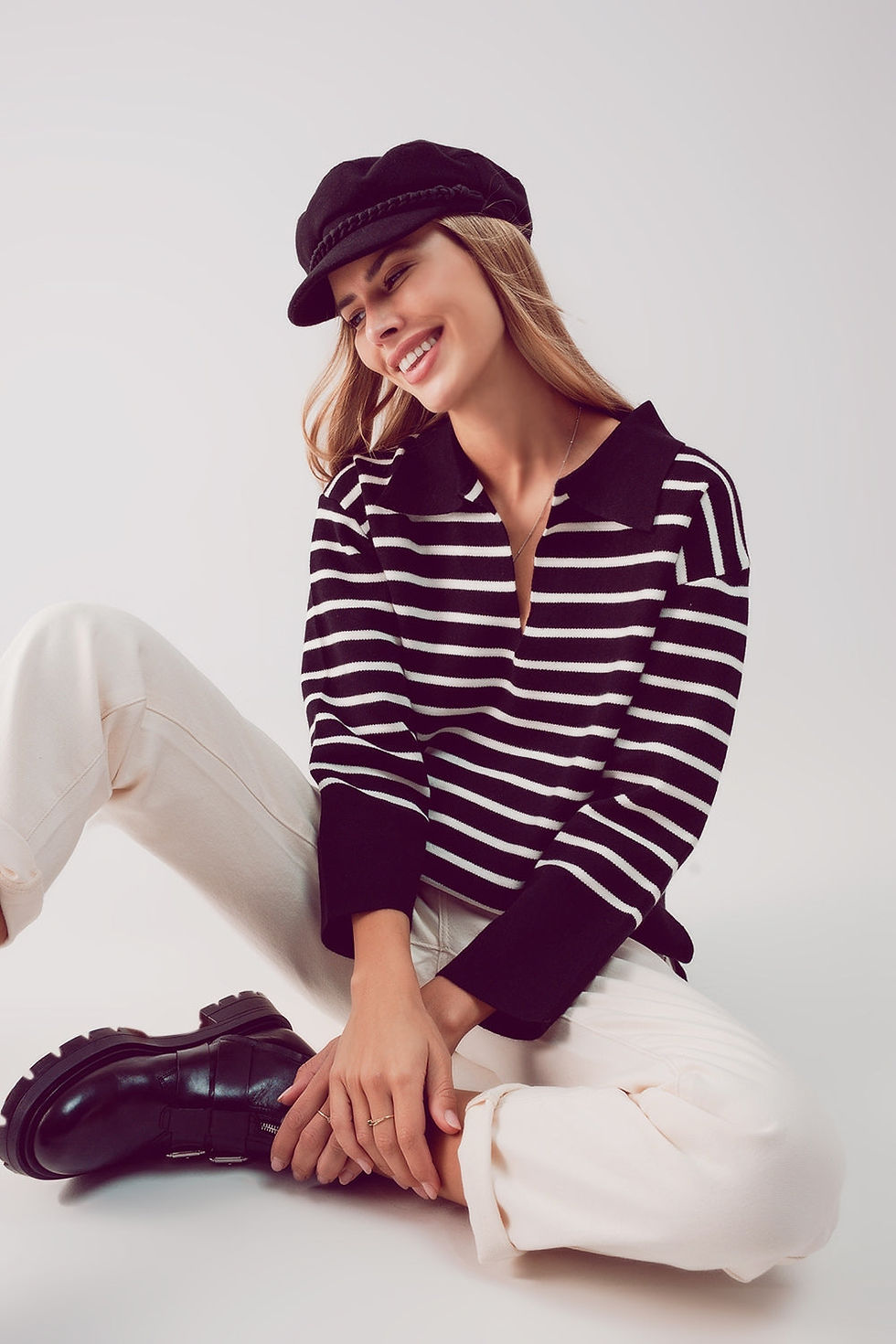 Thumbnail: Polo Neck Sweater in Black Stripe
