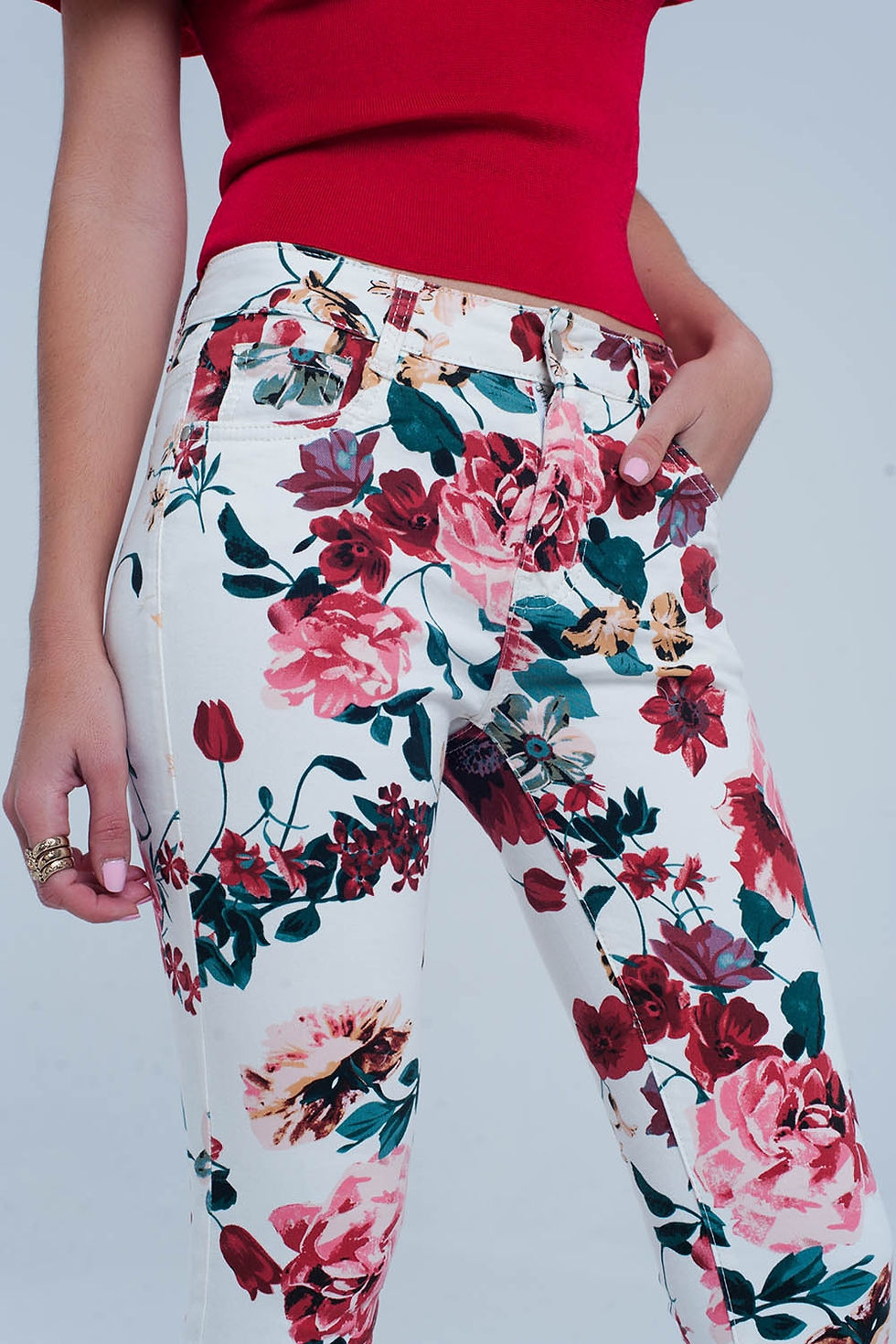 Thumbnail: White Jeans With Roses Print