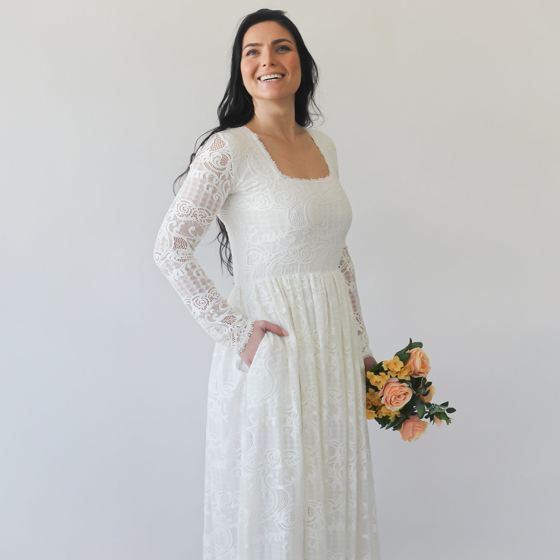 Curvy Bohemian Square Neckline Dress With Pockets #1263
