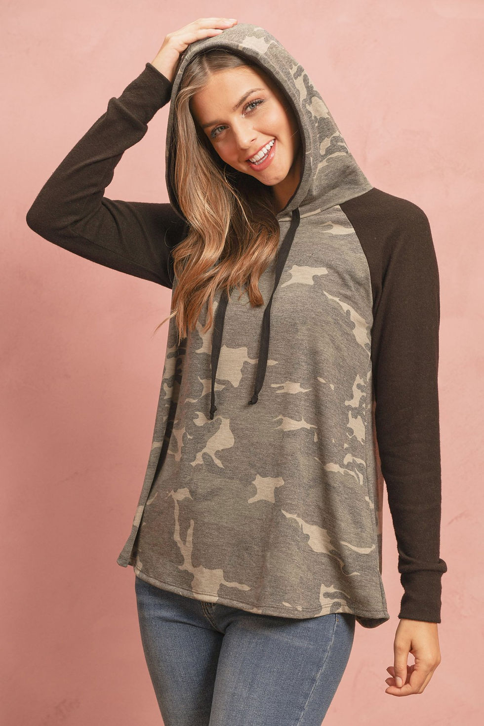 Thumbnail: Camouflage Hacci Sleeved Contrast Hoodie With Drawstrings