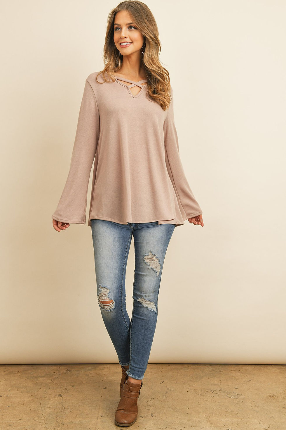 Thumbnail: Criss Cross Neck Long Sleeve Hacci Top